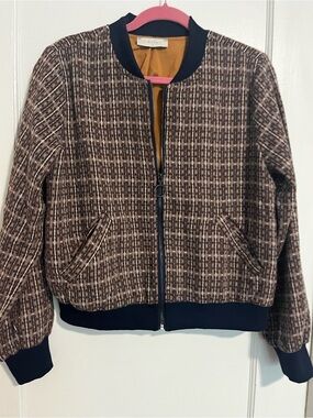 AZOE Brown Plaid Bomber Jacket with Navy Trim